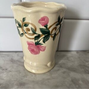 Vintage Bloom-Rite Pink Rose Vase Ceramic Gold Accents